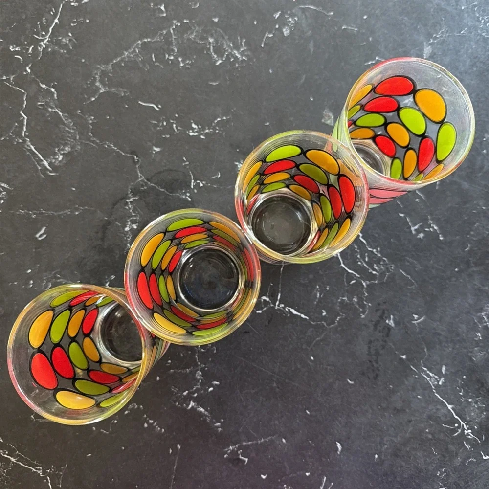 Vintage Set of 4 Mid Century Modern Retro Glasses Red Yellow Green Polka Dot 70s